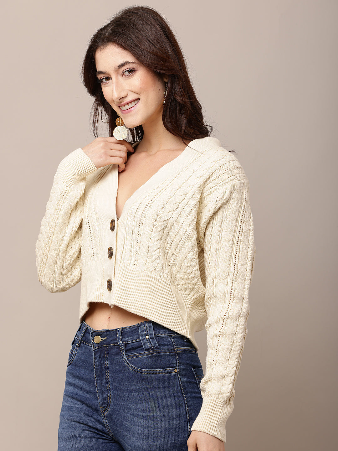 Women Cream V-Neck Cable Knit Cardigan