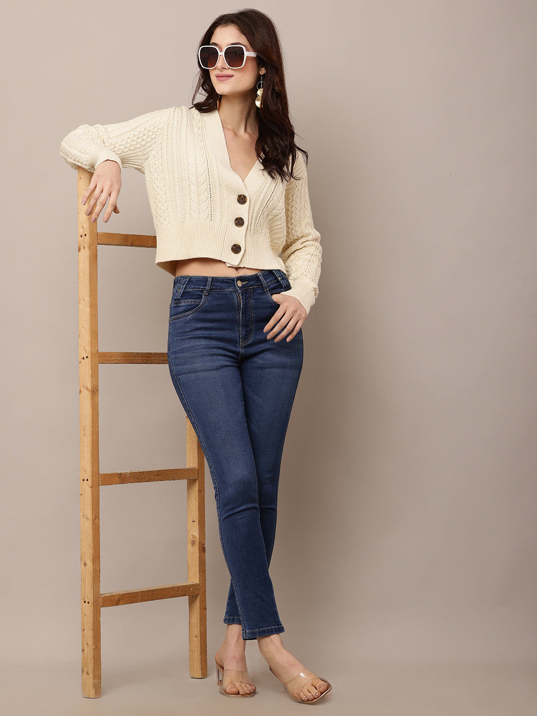 Women Cream V-Neck Cable Knit Cardigan