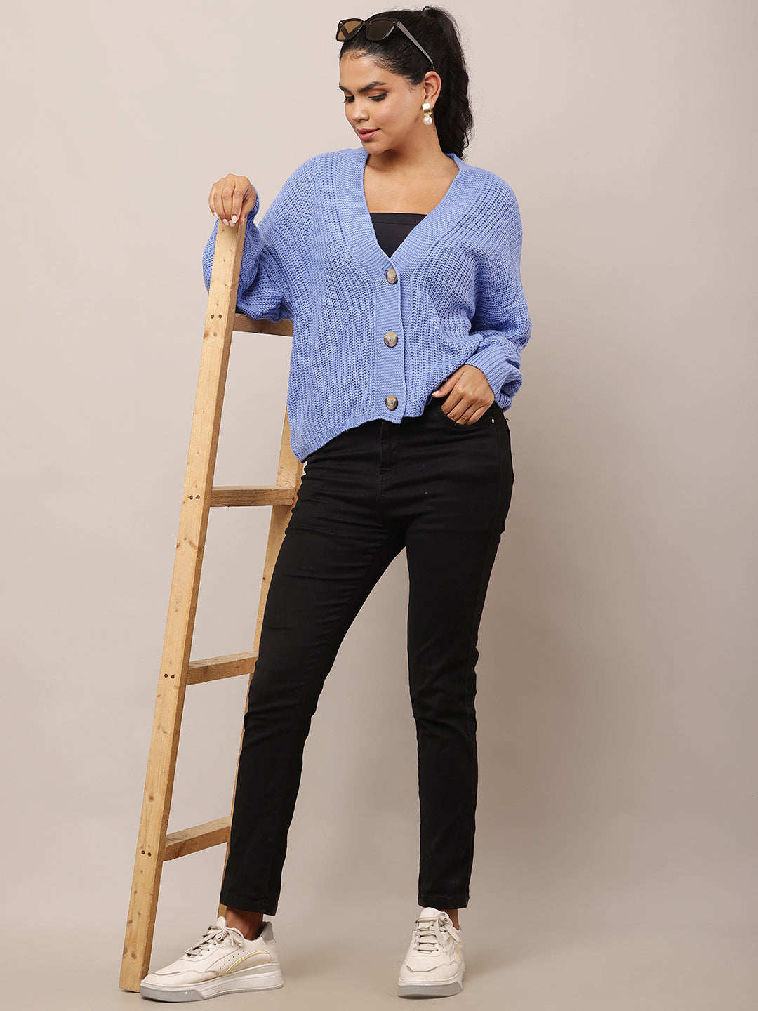 Women Blue V-Neck Acrylic Cardigan