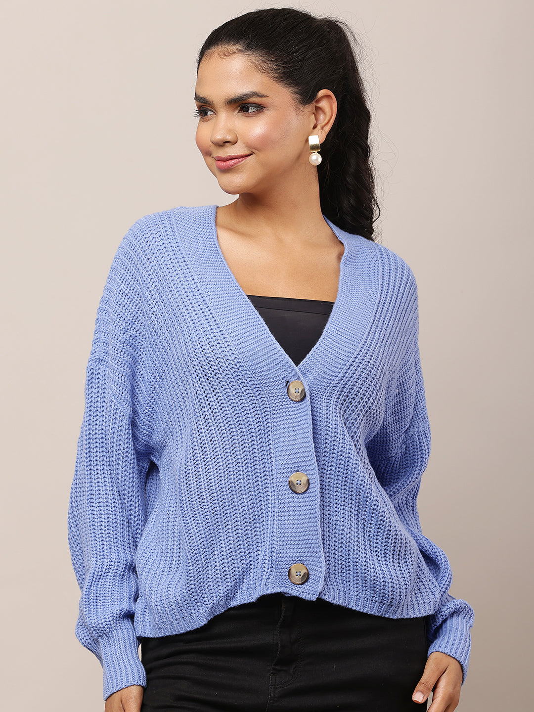 Women Blue V-Neck Acrylic Cardigan