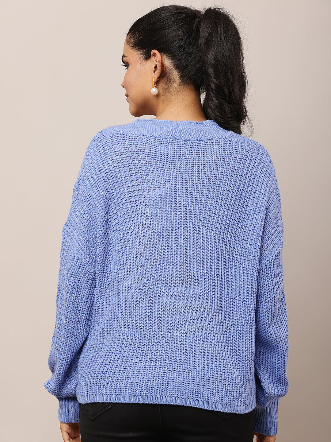 Women Blue V-Neck Acrylic Cardigan