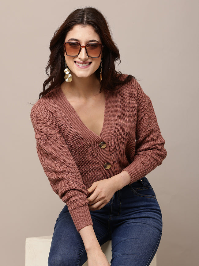 Women Peach V-Neck Acrylic Cardigan