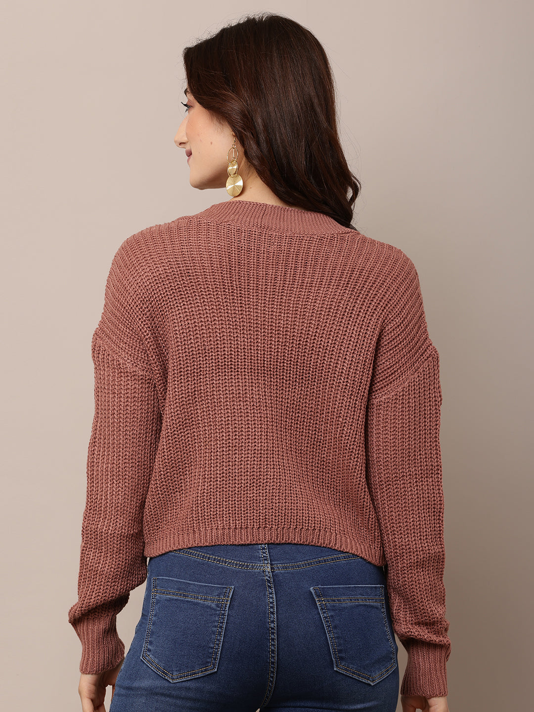 Women Peach V-Neck Acrylic Cardigan