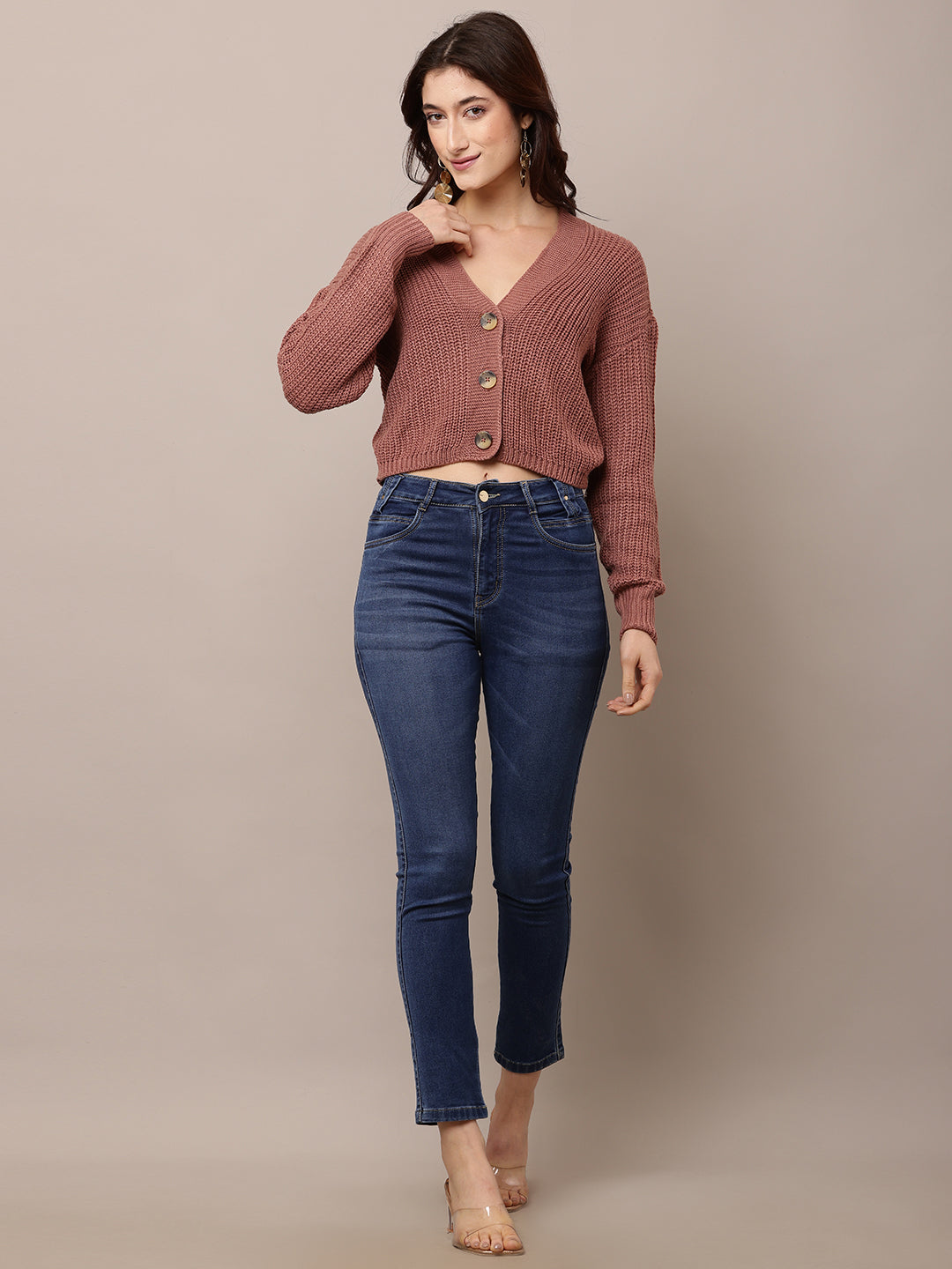 Women Peach V-Neck Acrylic Cardigan