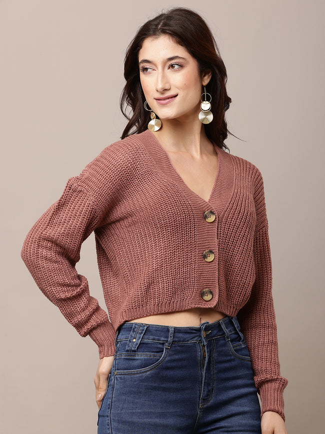 Women Peach V-Neck Acrylic Cardigan