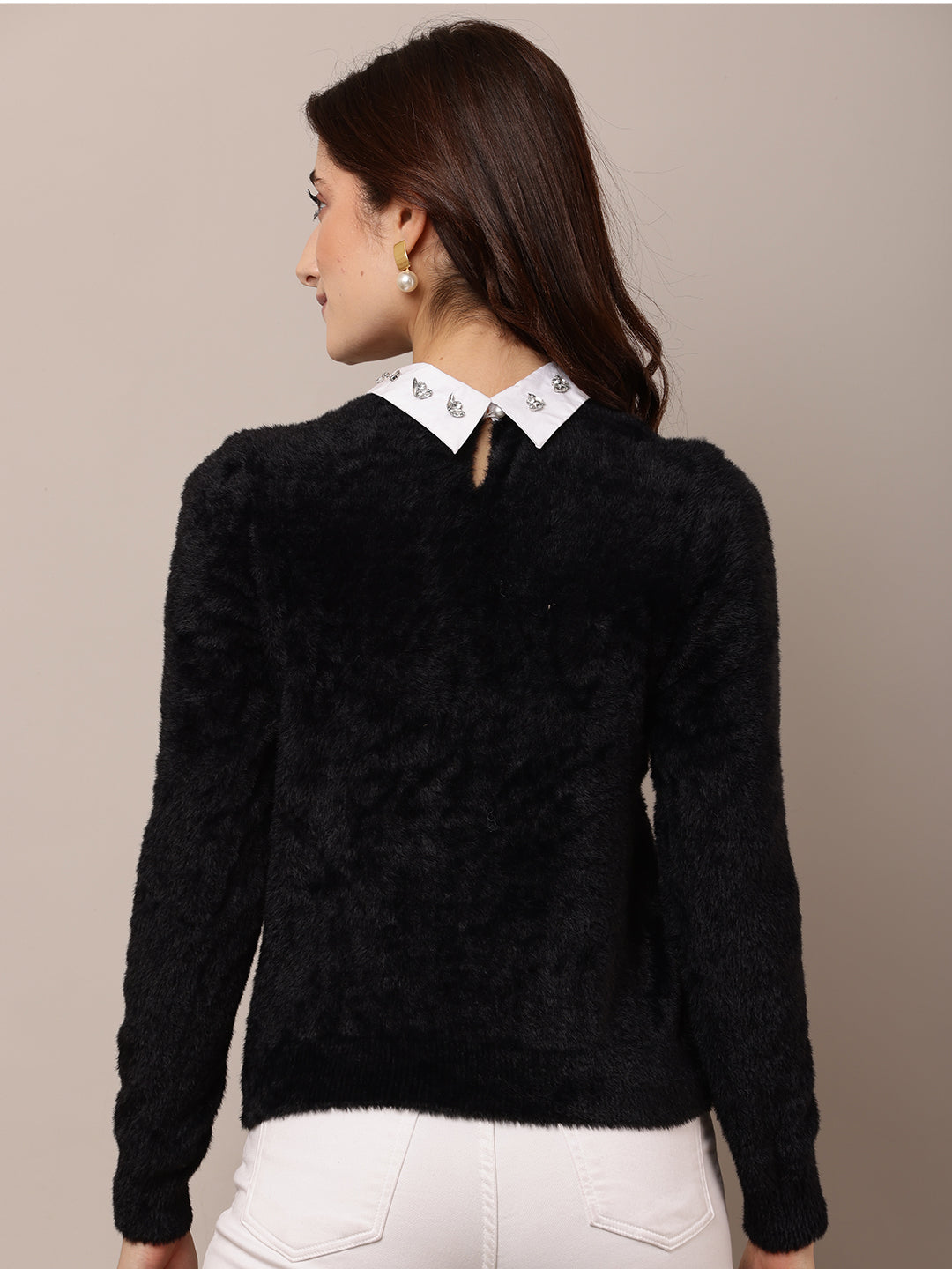 Women Black Round Neck Nylon Sweater
