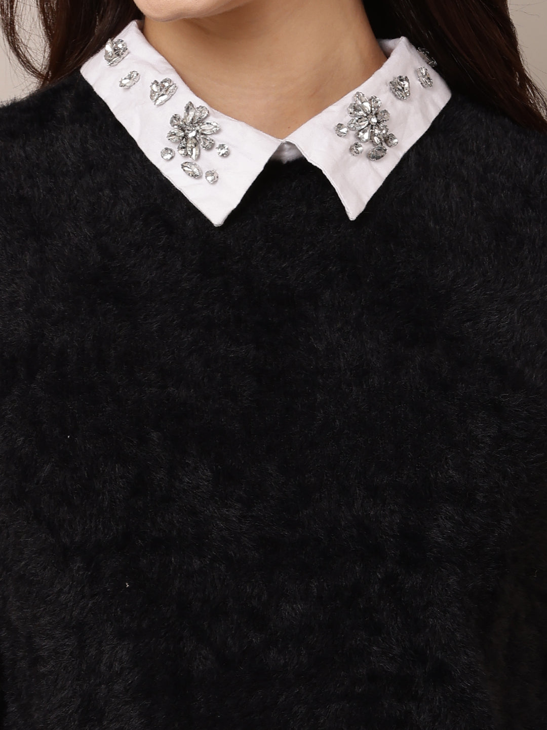 Women Black Round Neck Nylon Sweater