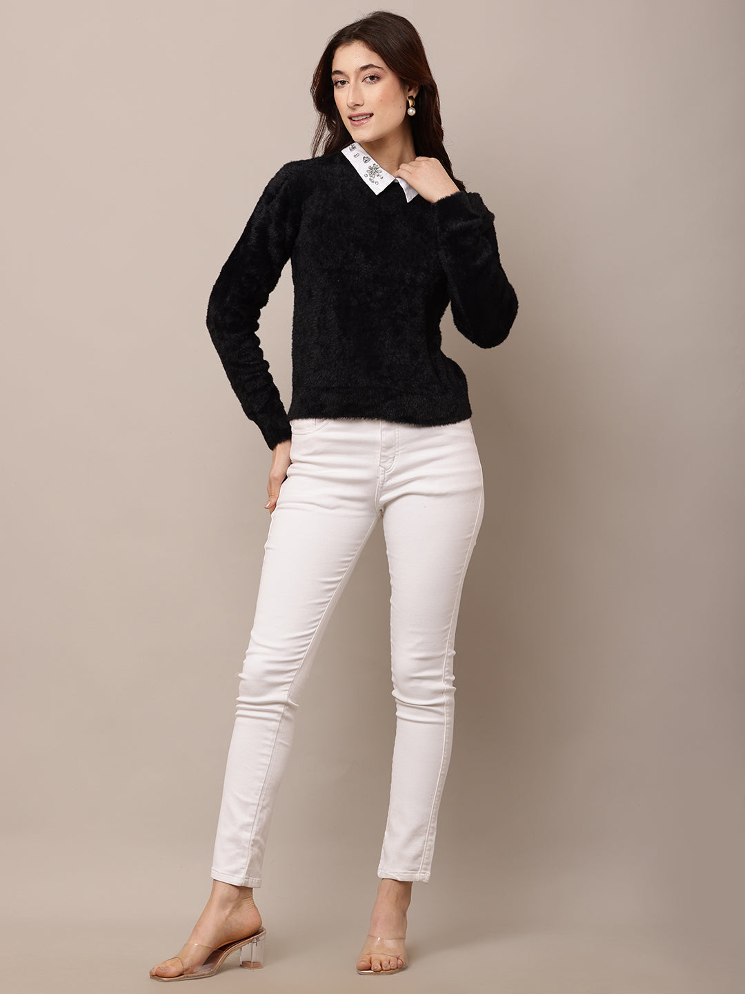 Women Black Round Neck Nylon Sweater