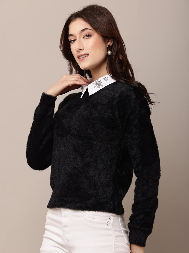 Women Black Round Neck Nylon Sweater