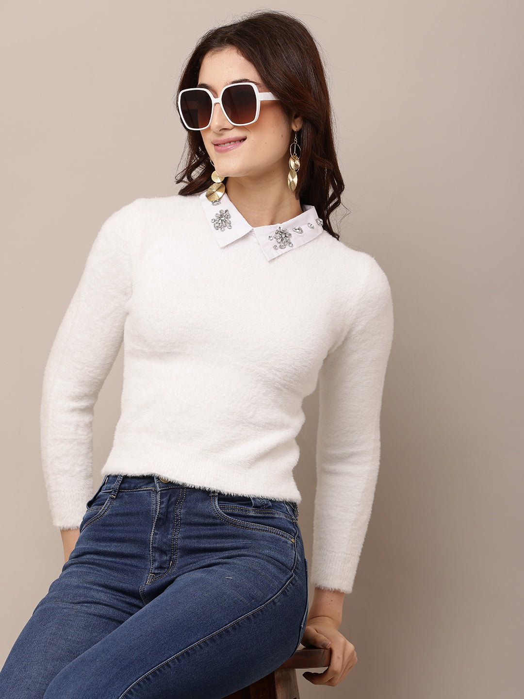 Women White Round Neck Nylon Sweater