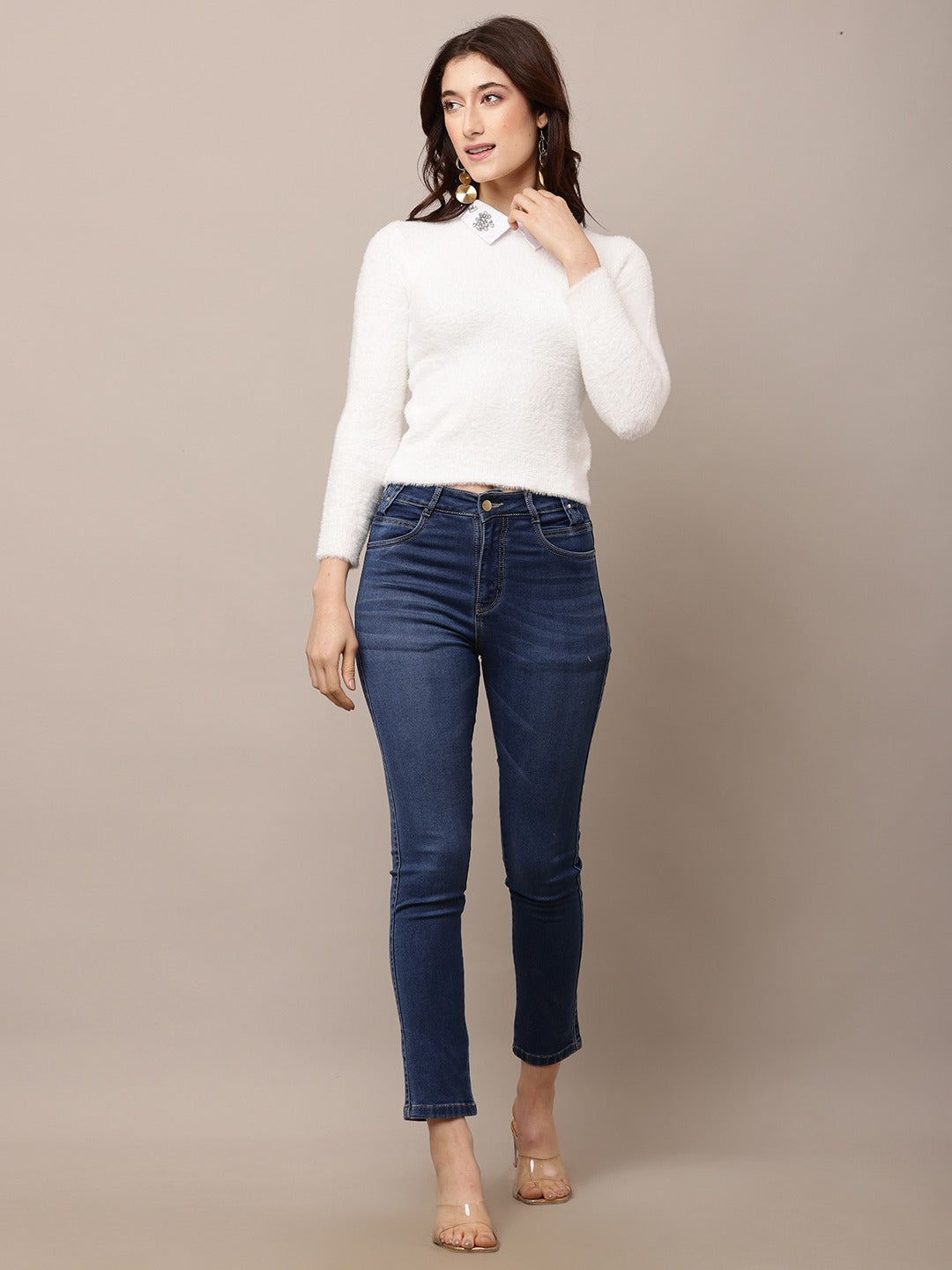 Women White Round Neck Nylon Sweater
