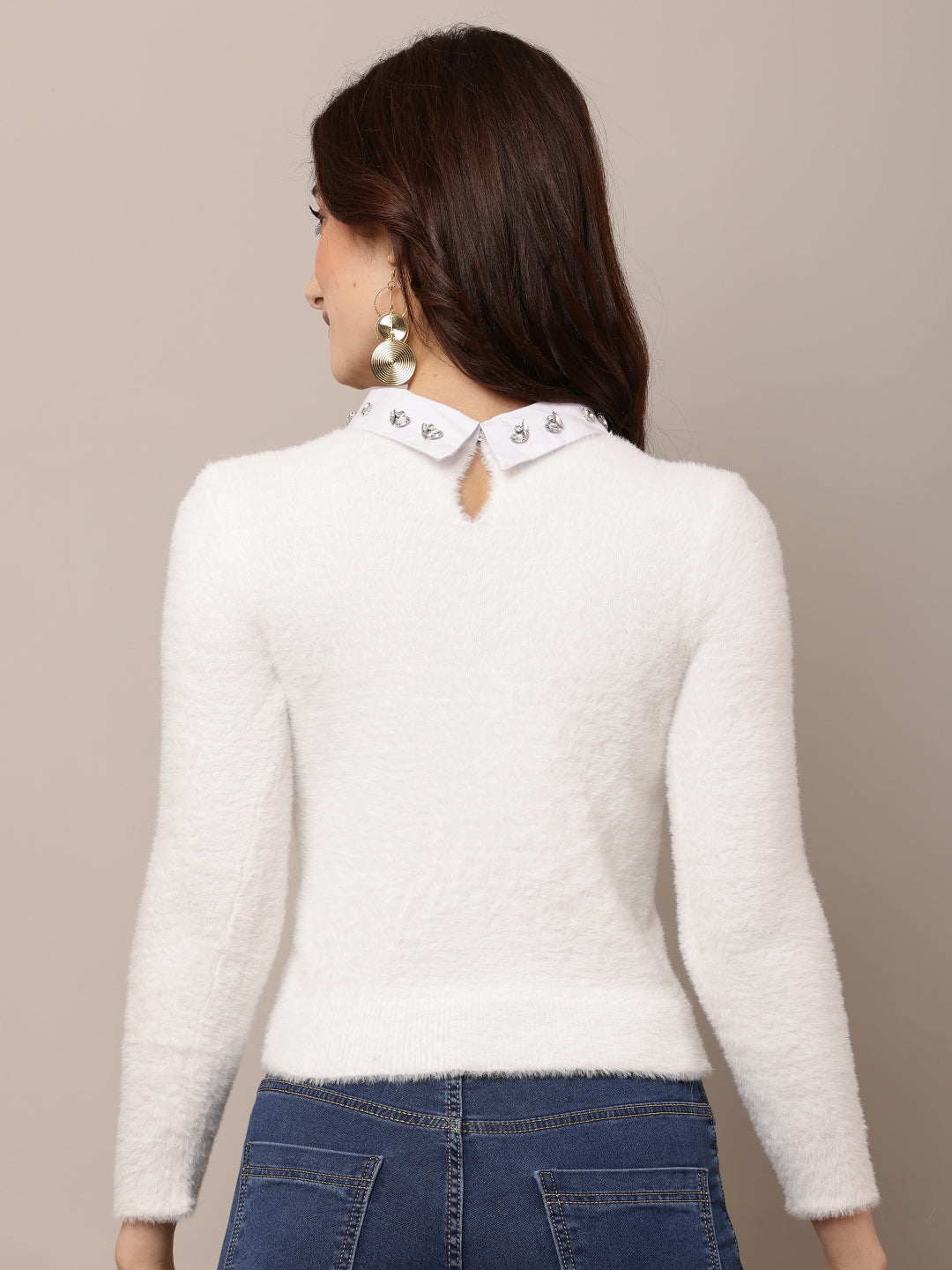 Women White Round Neck Nylon Sweater