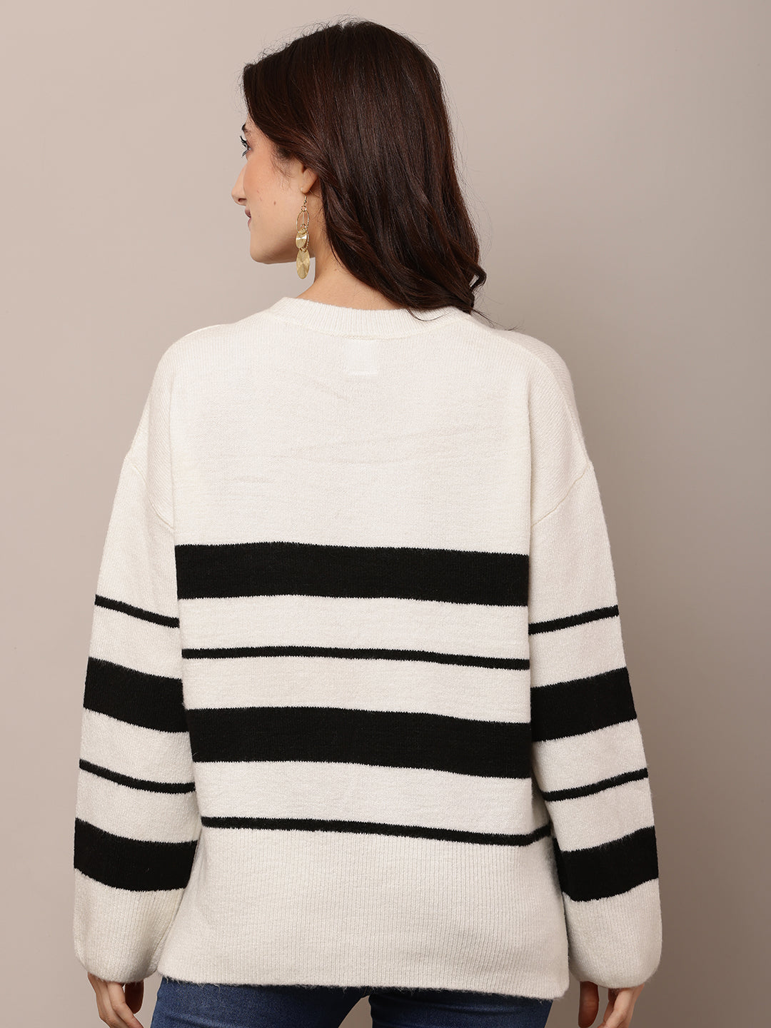 Women White Striped Acrylic Sweater
