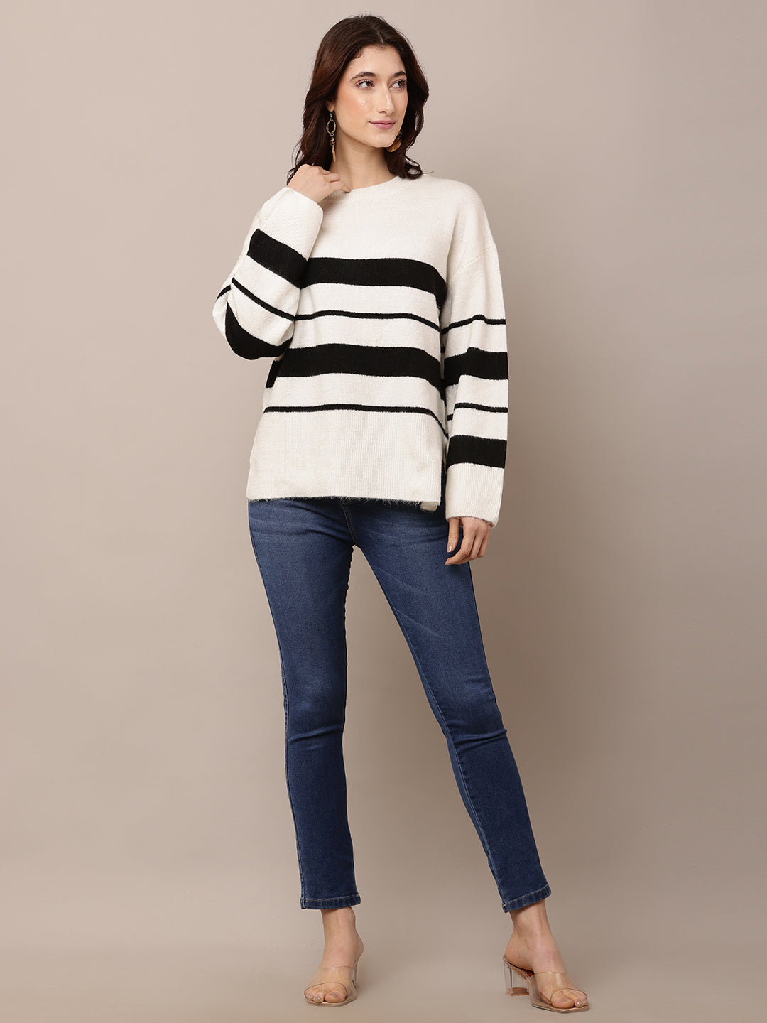 Women White Striped Acrylic Sweater