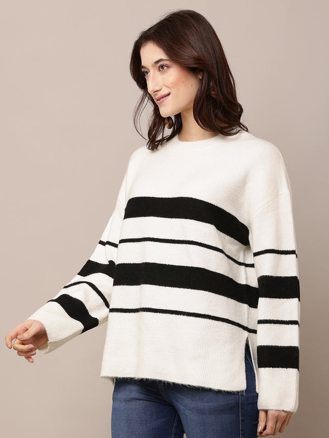 Women White Striped Acrylic Sweater