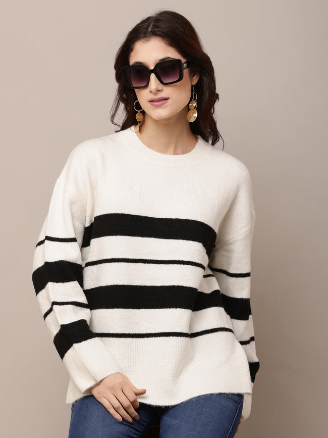 Women White Striped Acrylic Sweater