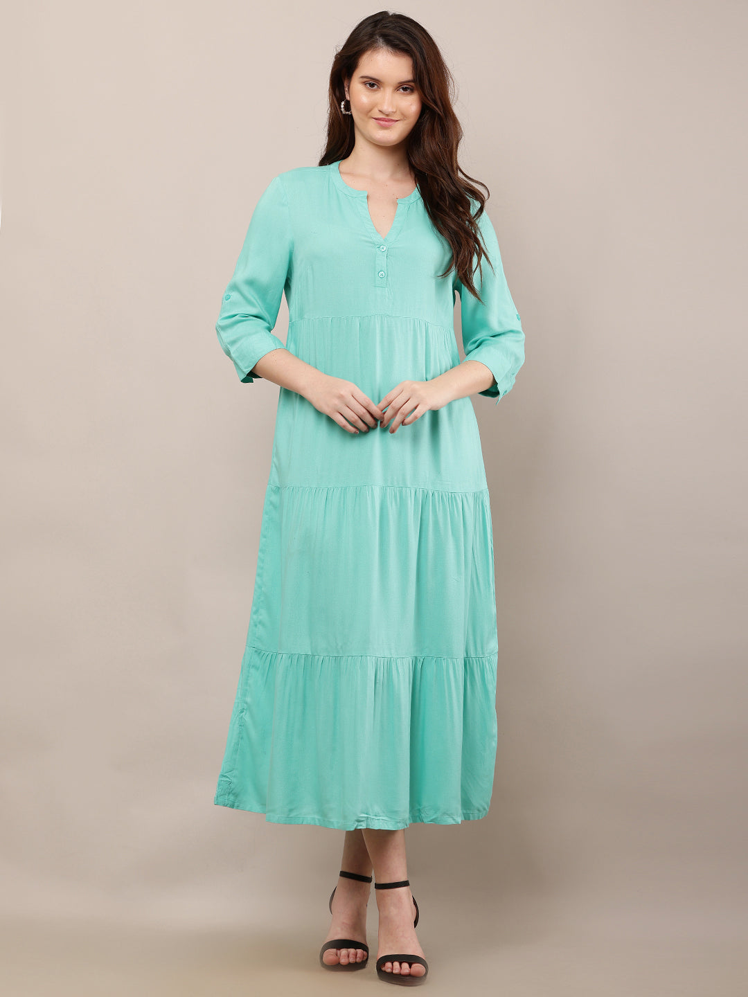 Women Green V-Neck Midi Summer Dress