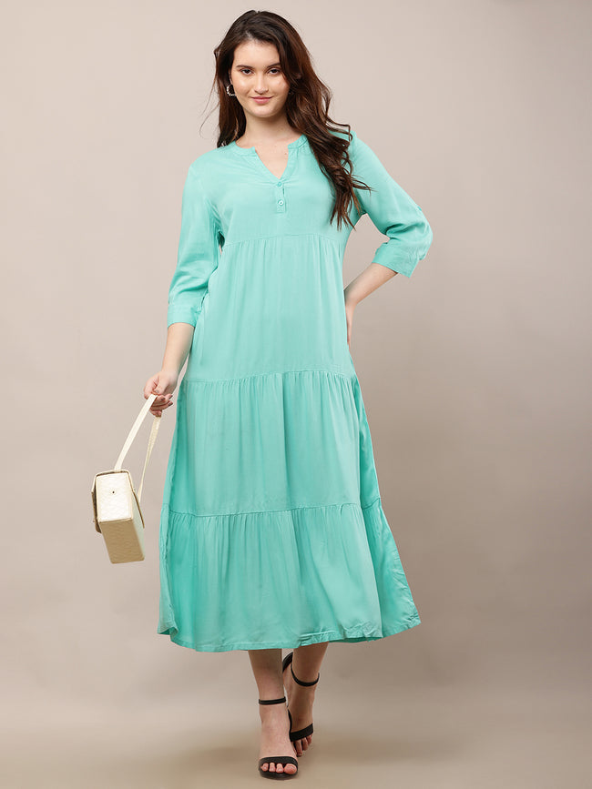 Women Green V-Neck Midi Summer Dress