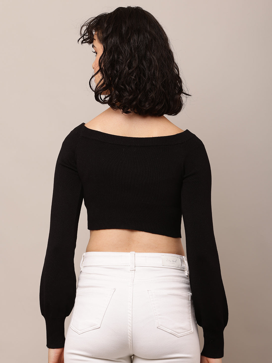 Women Boat Neck Ribbed Black Crop Top