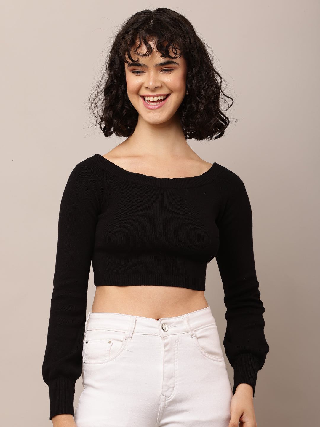 Women Boat Neck Ribbed Black Crop Top