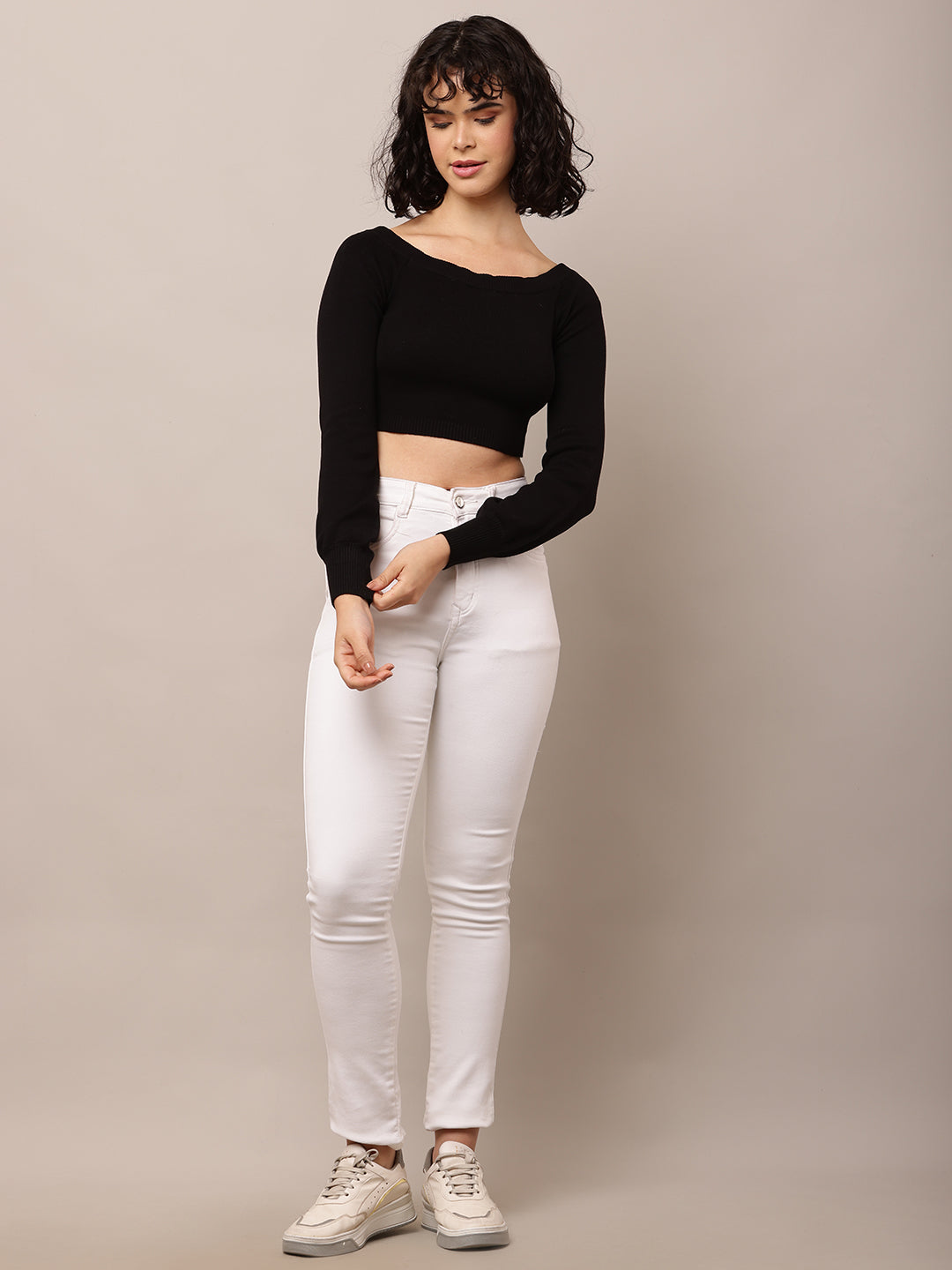 Women Boat Neck Ribbed Black Crop Top