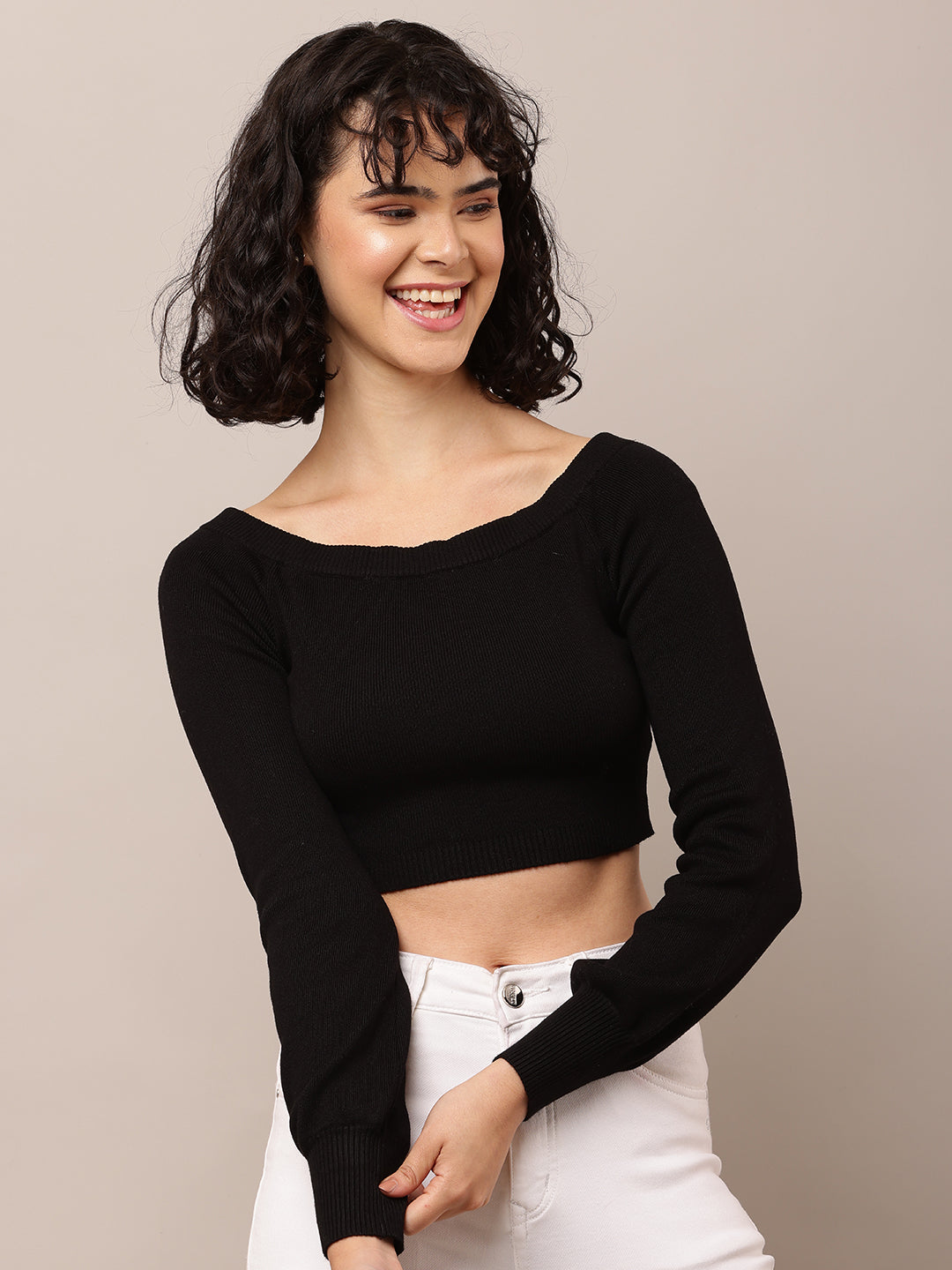 Women Boat Neck Ribbed Black Crop Top