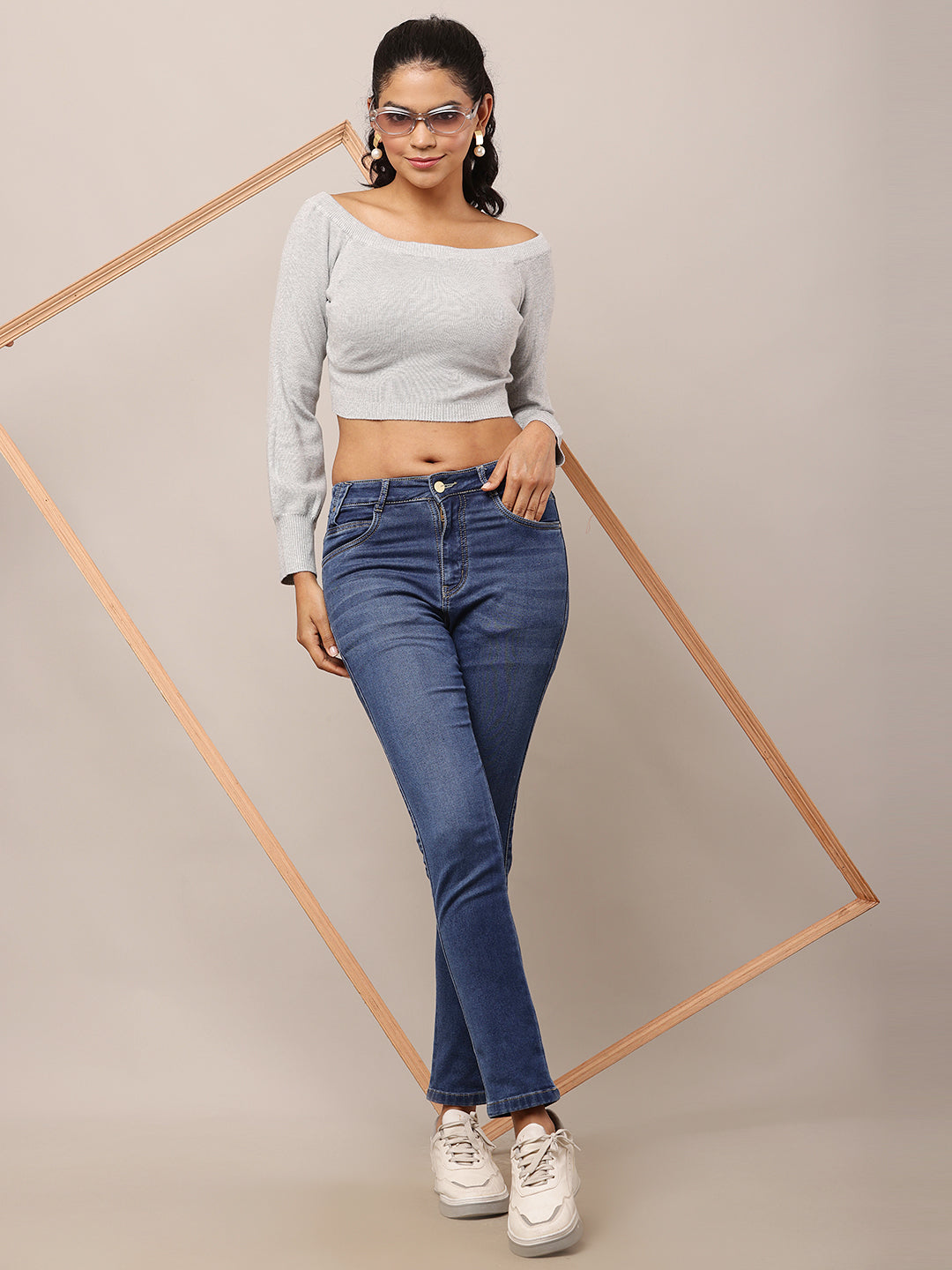 Women Boat Neck Ribbed Grey Crop Top