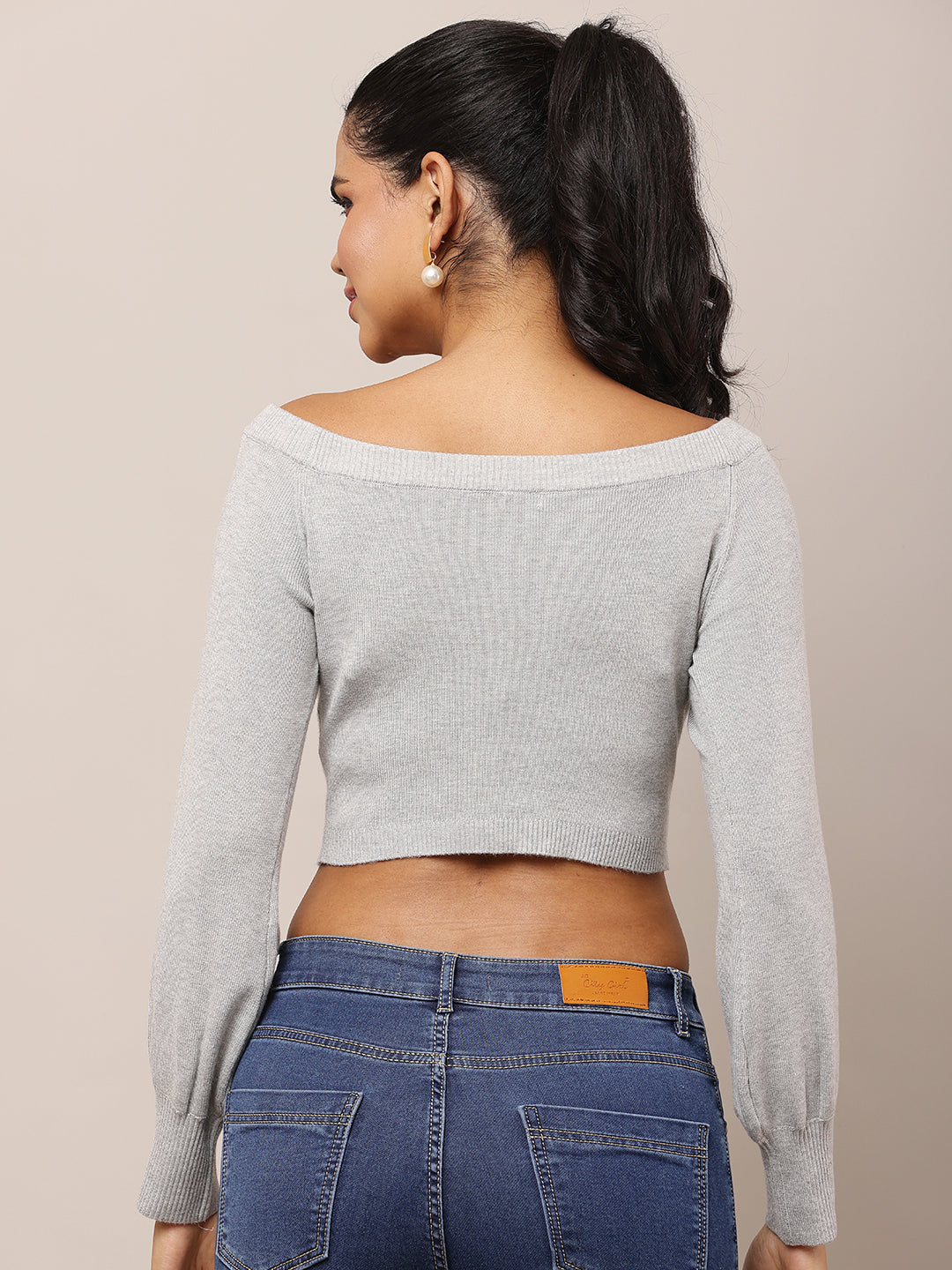 Women Boat Neck Ribbed Grey Crop Top