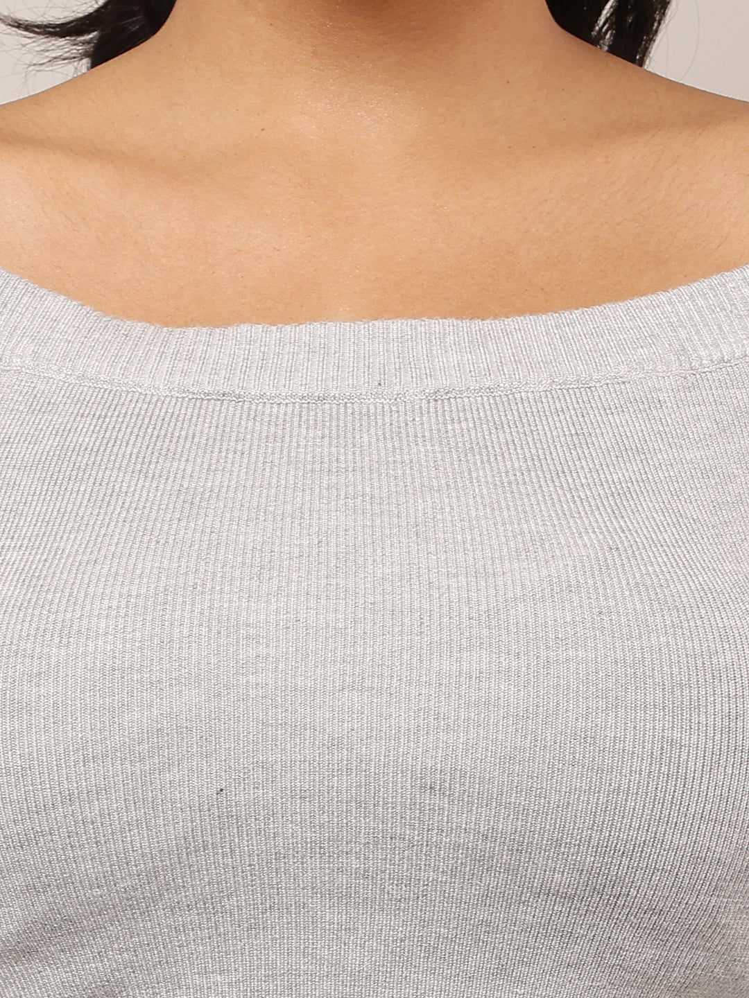 Women Boat Neck Ribbed Grey Crop Top