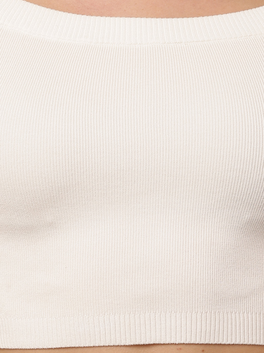 Women Boat Neck Ribbed White Crop Top