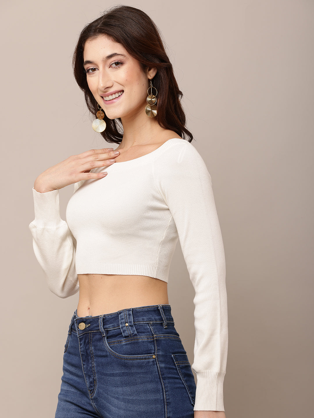 Women Boat Neck Ribbed White Crop Top