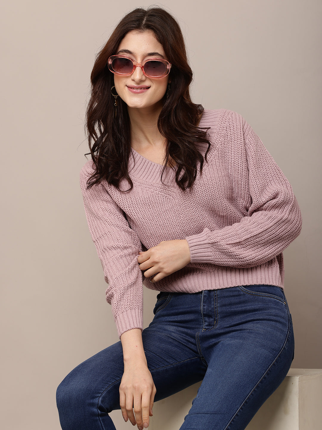 Women Purple Knitted Sweater with V-Neck