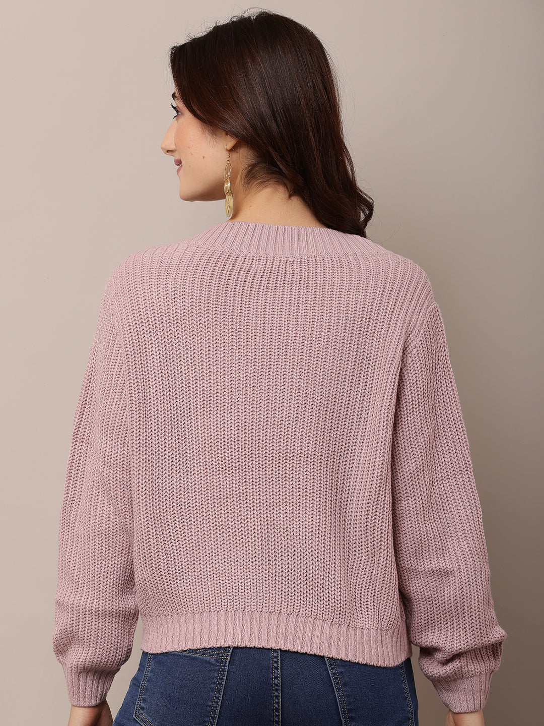 Women Purple Knitted Sweater with V-Neck