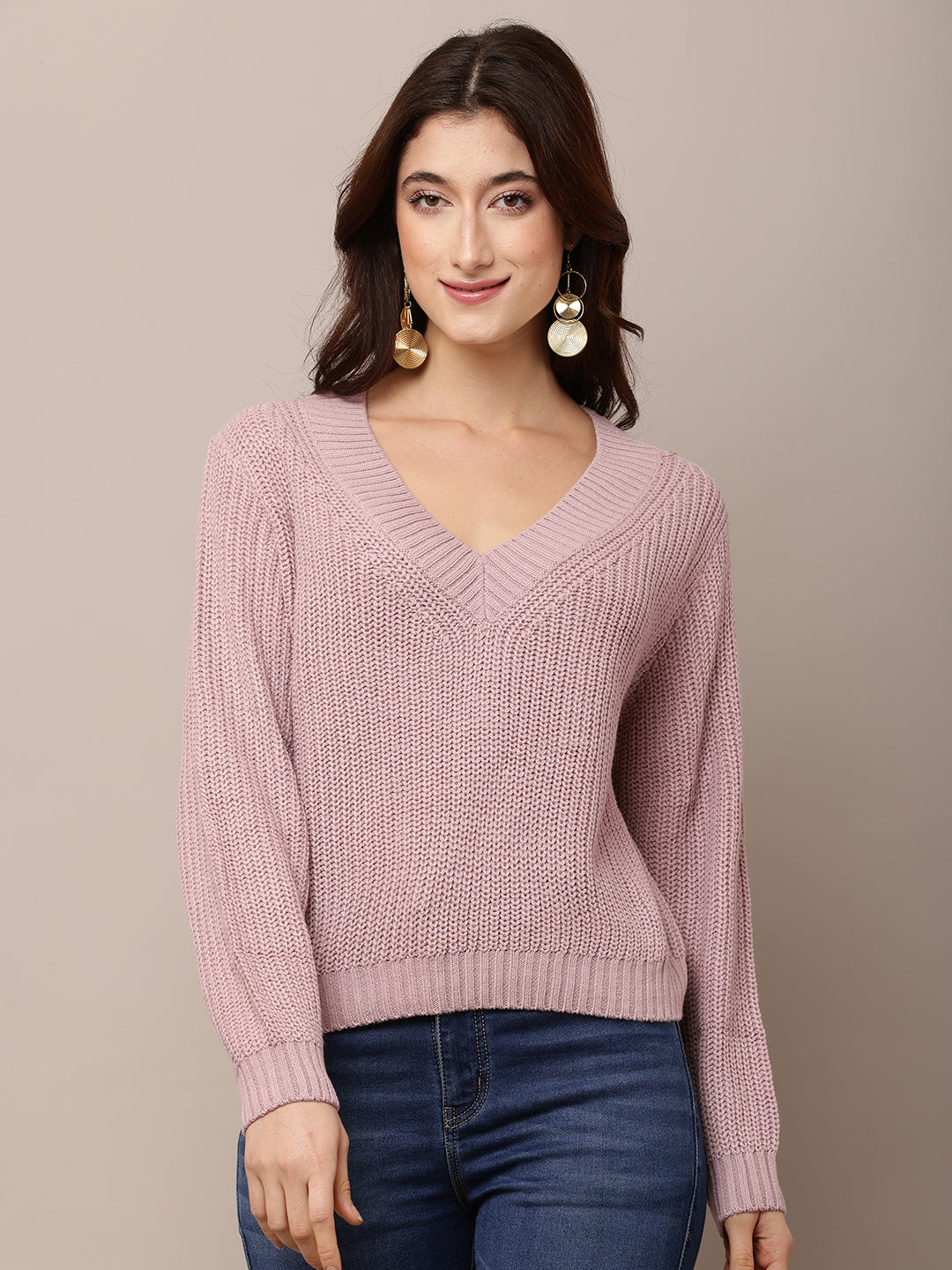 Women Purple Knitted Sweater with V-Neck
