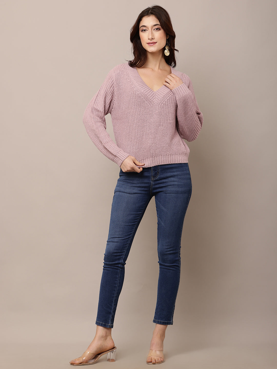 Women Purple Knitted Sweater with V-Neck
