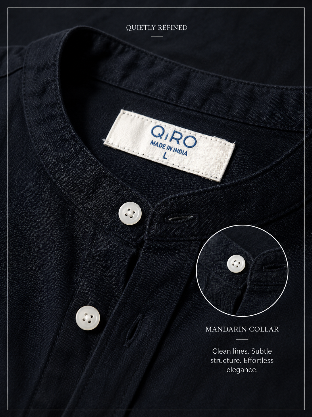Men Black Linen Band Collar Shirt