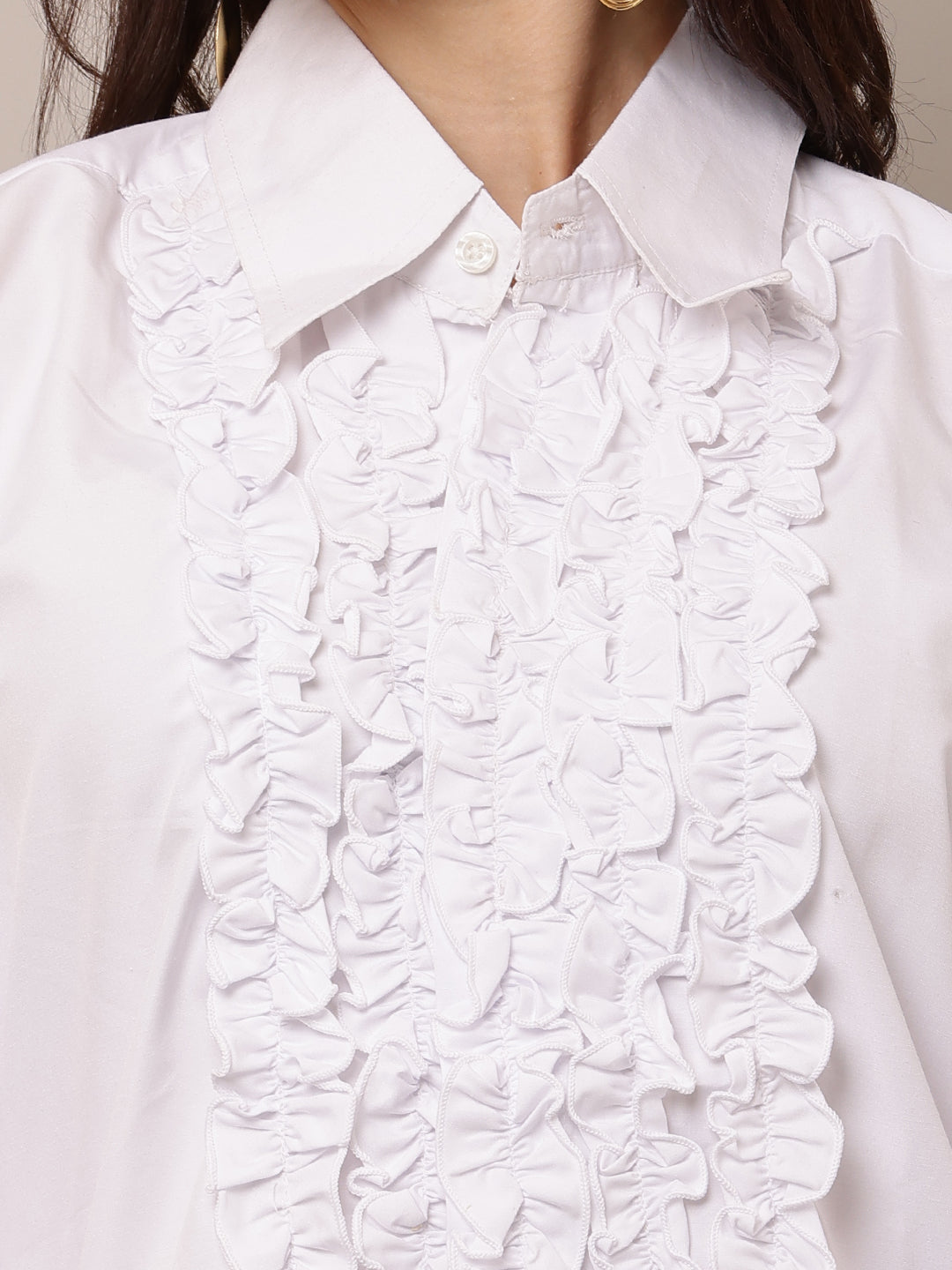 Women White Ruffle Shirt with Full Sleeves