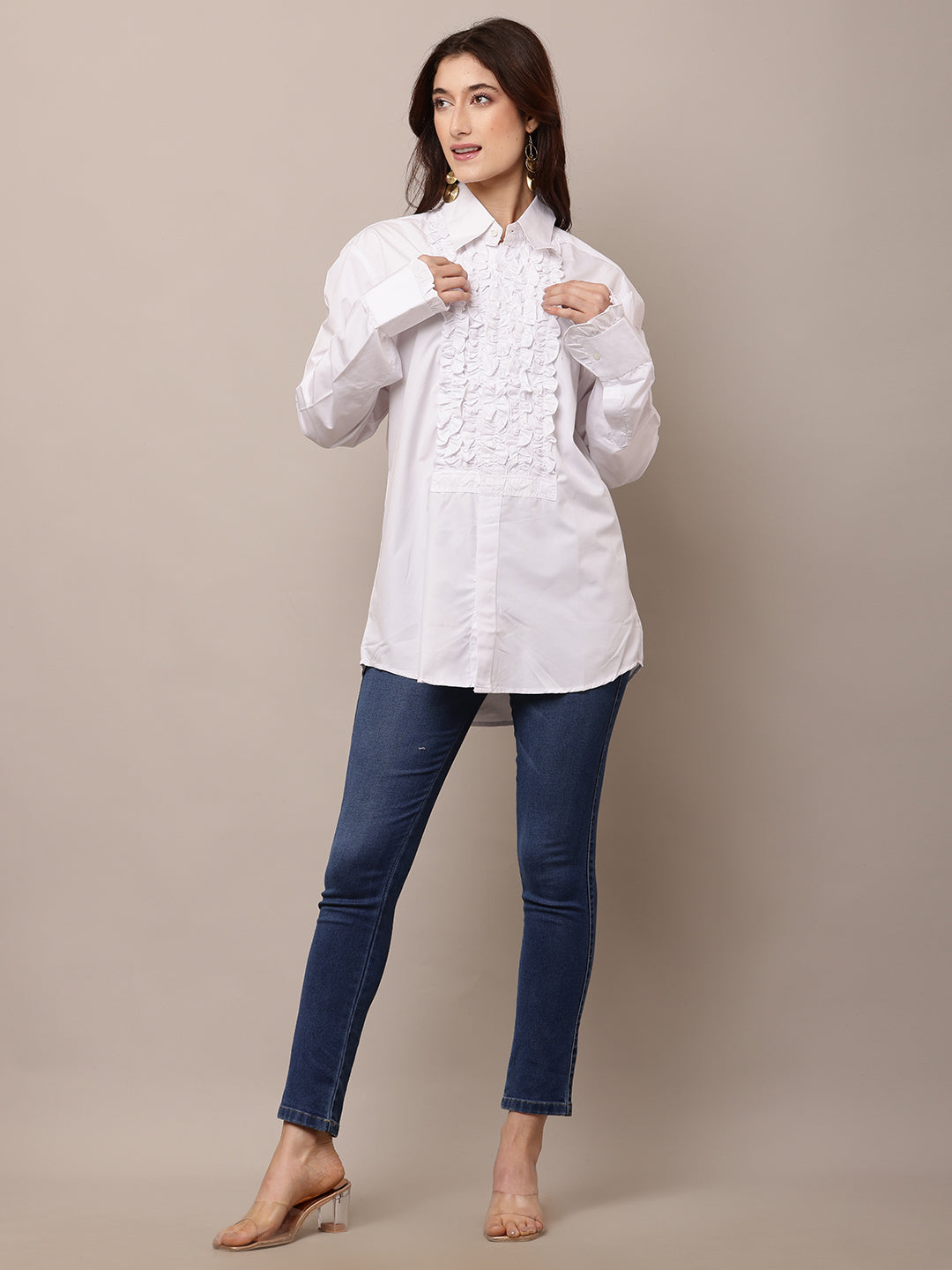 Women White Ruffle Shirt with Full Sleeves