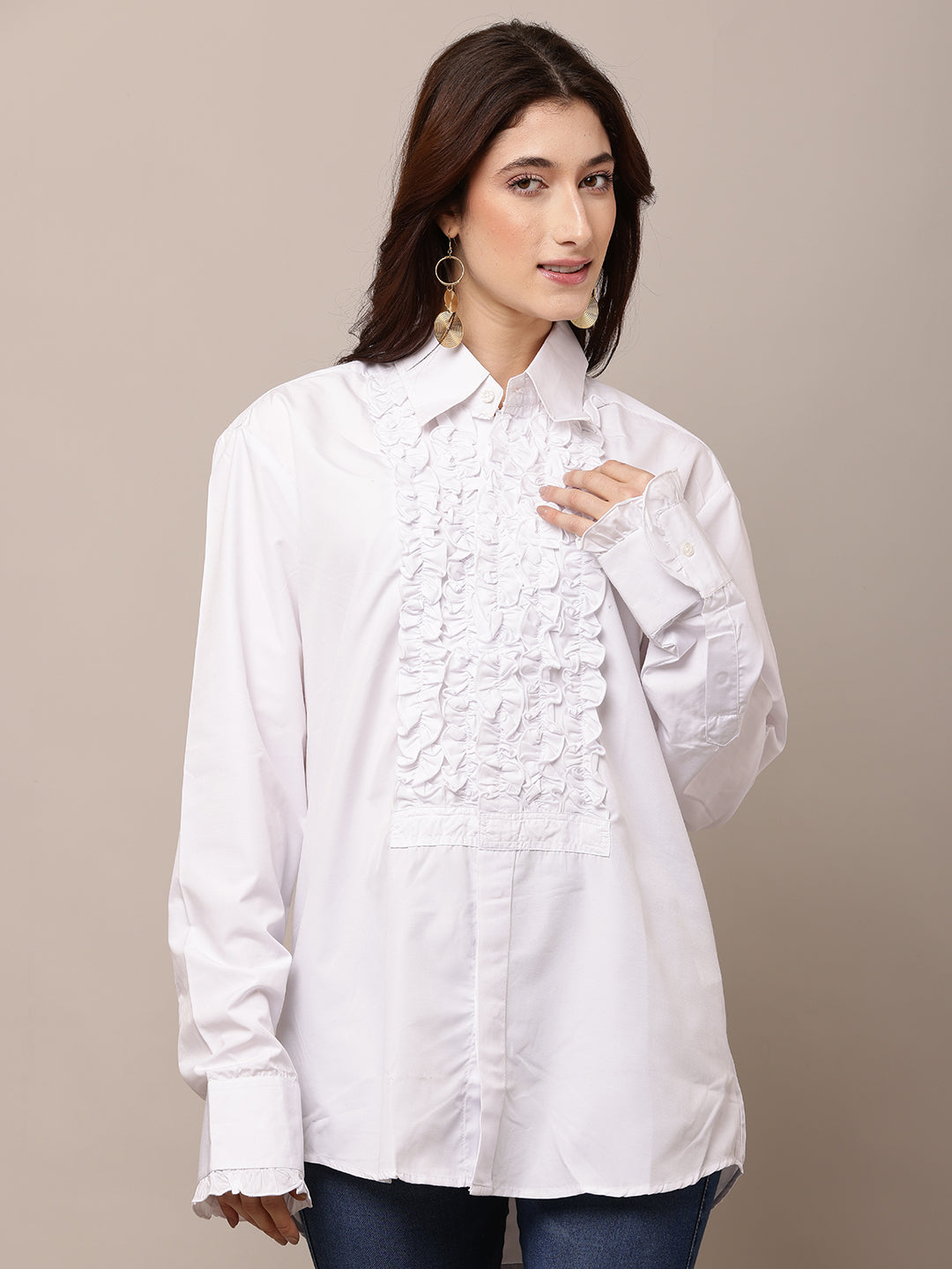 Women White Ruffle Shirt with Full Sleeves