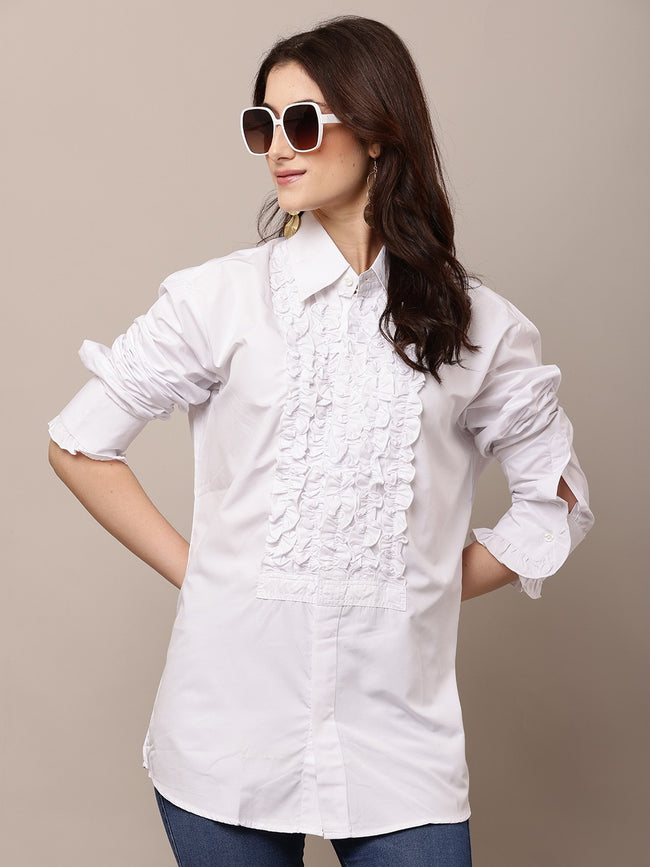Women White Ruffle Shirt with Full Sleeves