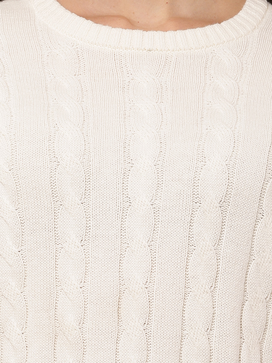 Women White Round Neck Full Sleeve Sweater