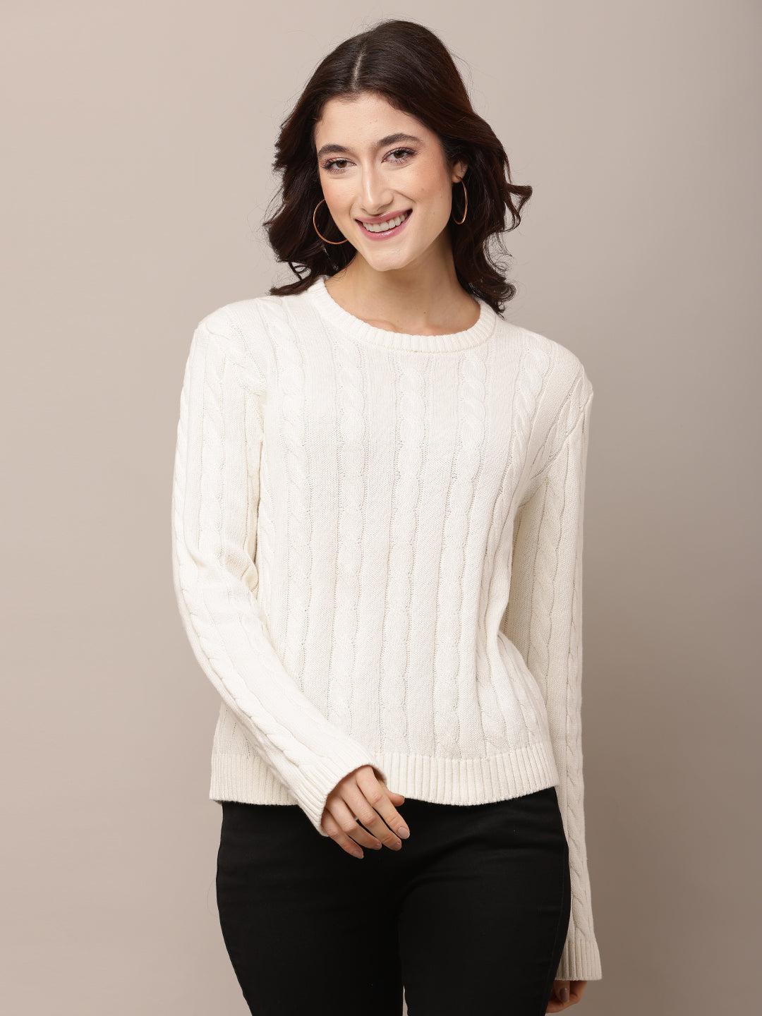 Women White Round Neck Full Sleeve Sweater