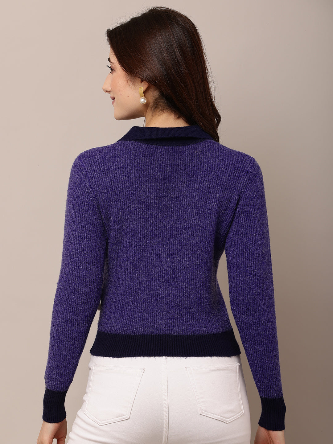 Women Purple Nylon V-Neck Full Sleeve Sweater