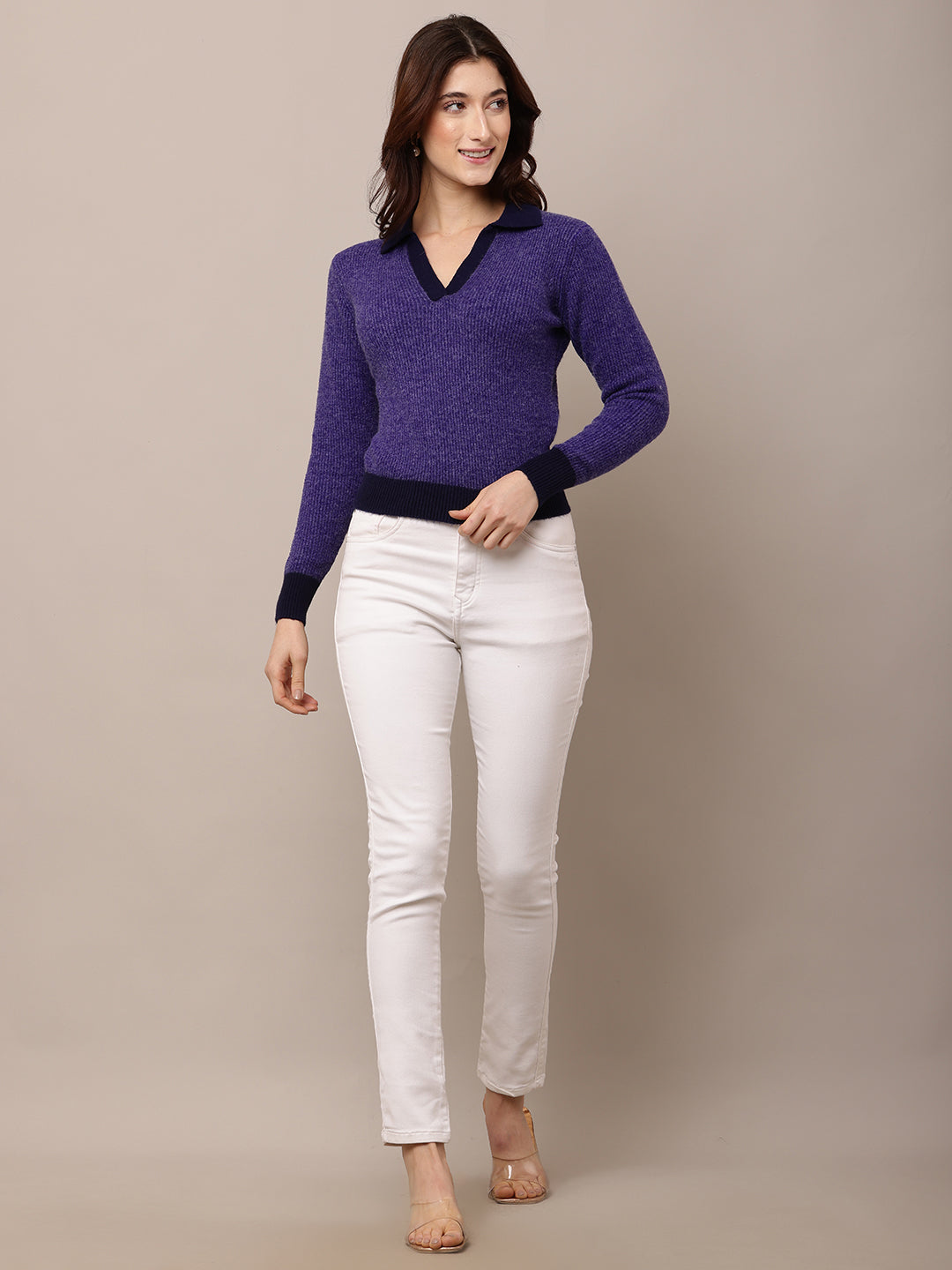 Women Purple Nylon V-Neck Full Sleeve Sweater