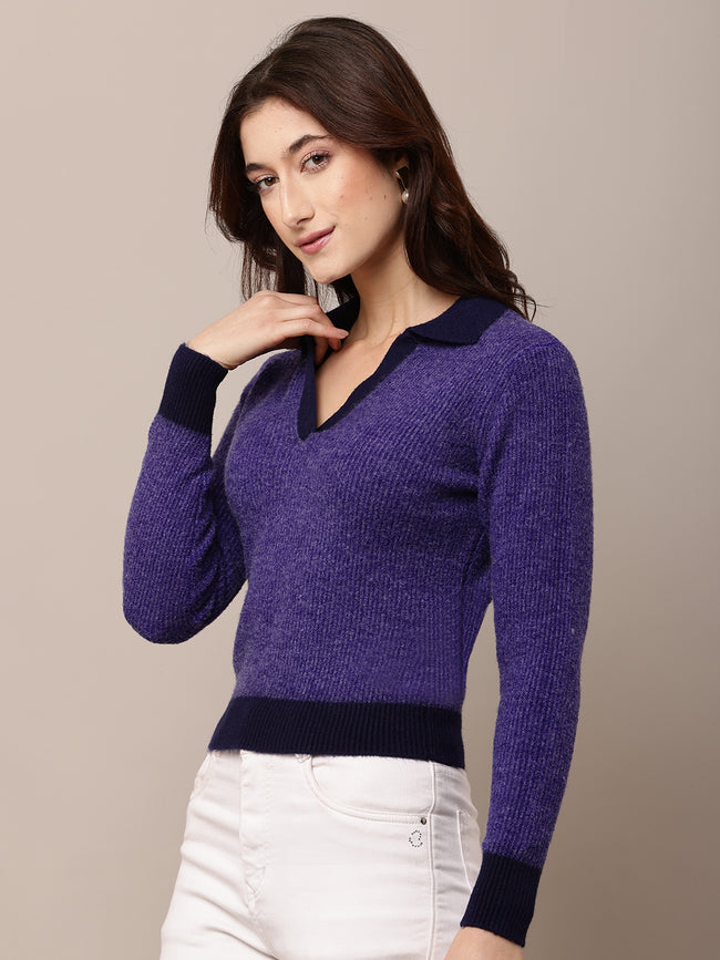 Women Purple Nylon V-Neck Full Sleeve Sweater