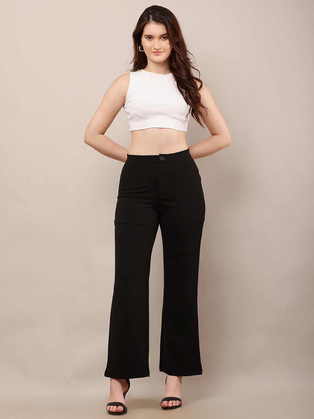 Women Black Wide Leg Elastic Waist Trouser