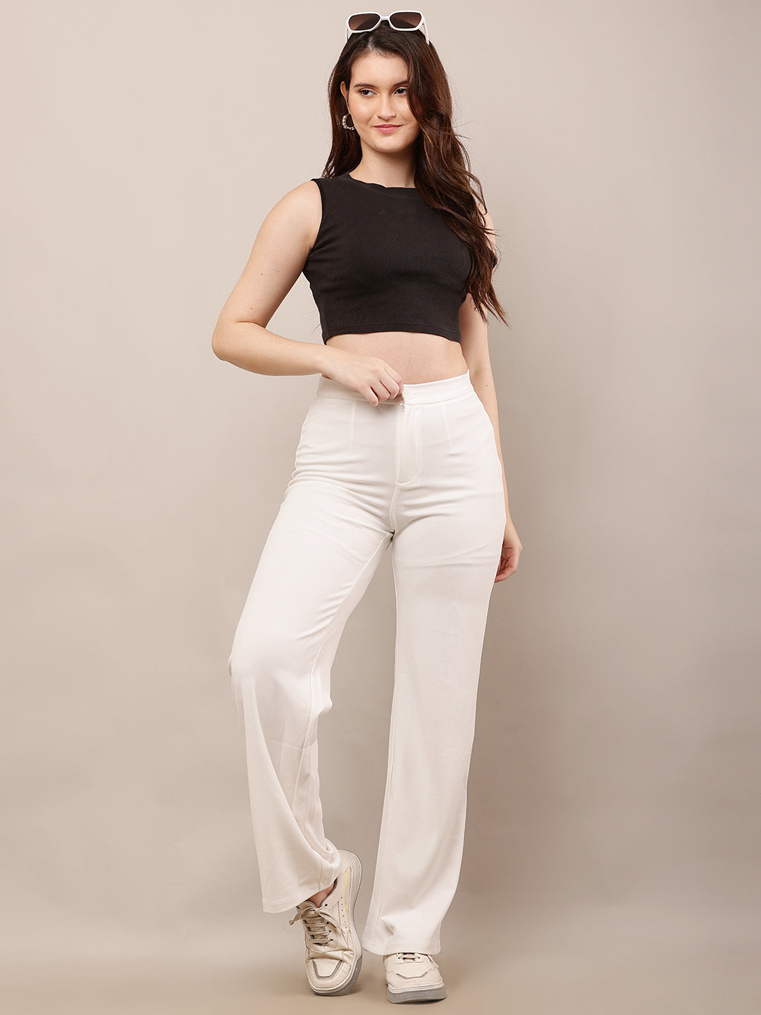 Women Off-White Wide Leg Elastic Waist Trouser