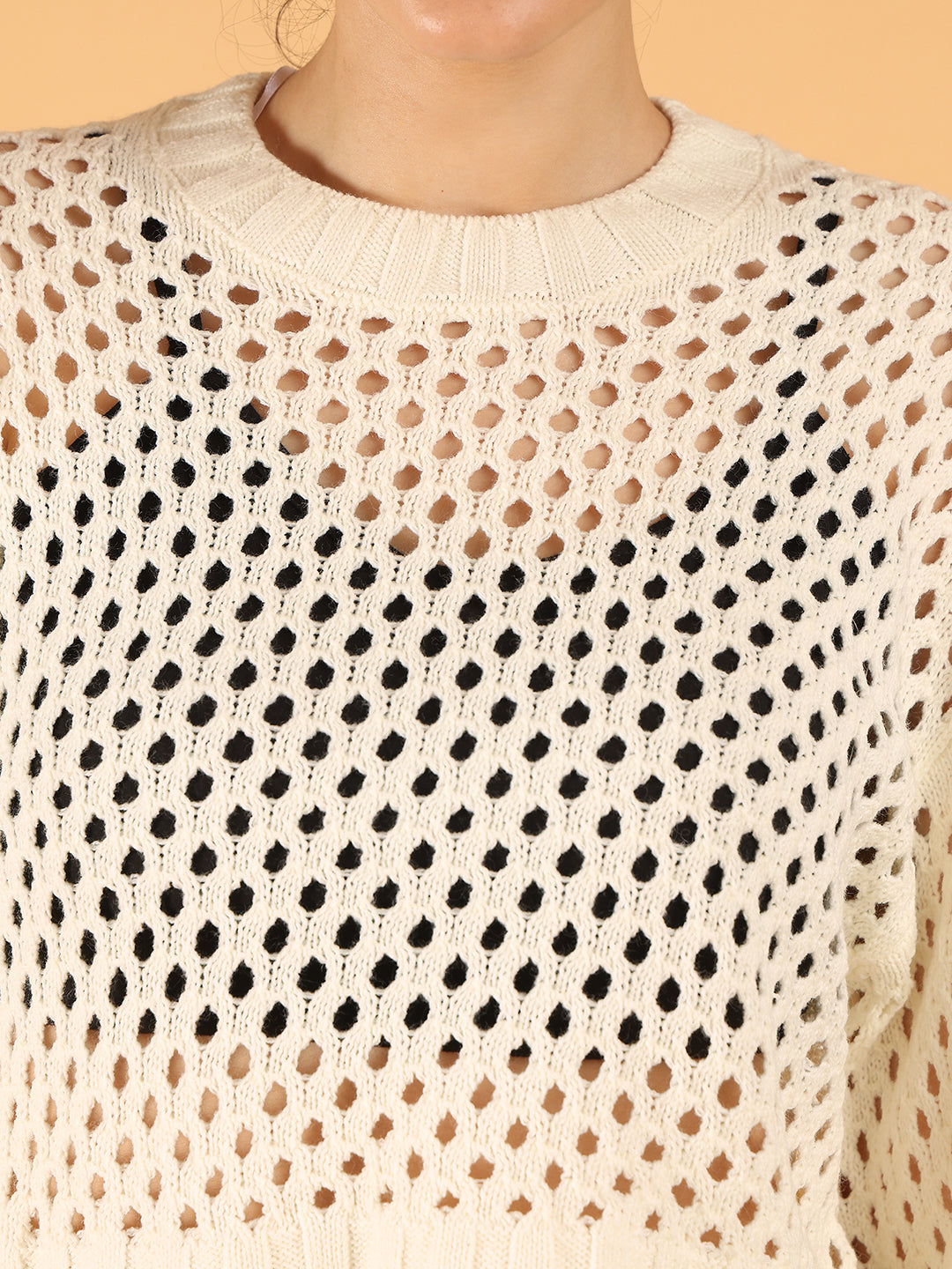 Women White Open Knit Cropped Sweater