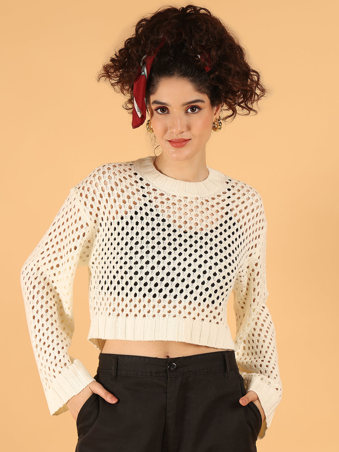 Women White Open Knit Cropped Sweater