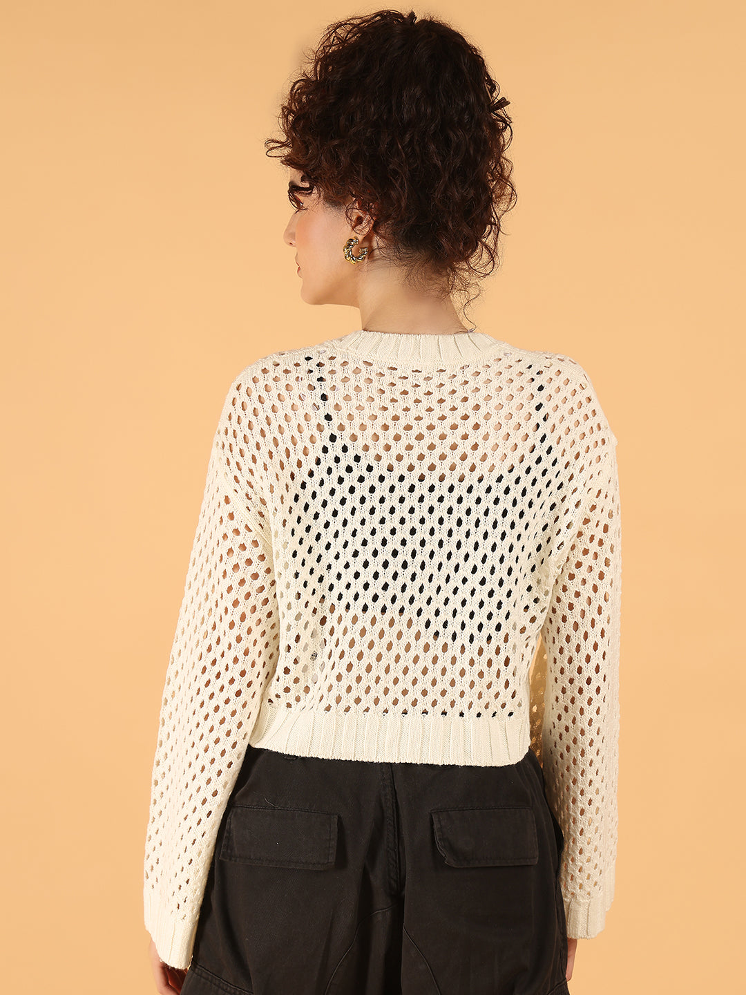 Women White Open Knit Cropped Sweater
